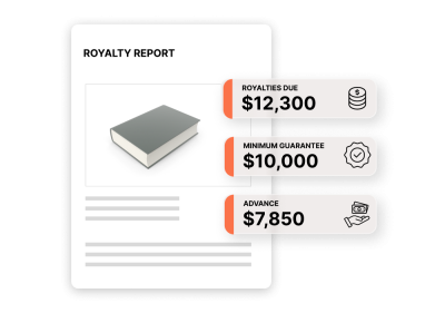 Royalty report showing book cover with financial data for royalties due, minimum guarantee, and advance payments