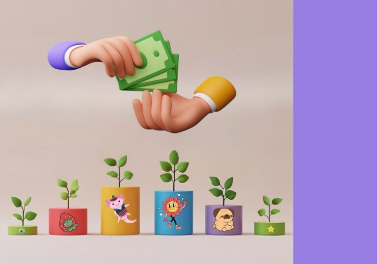 A hand giving another hand money with different IPs in a line showing the growth of sales showing royalty growth